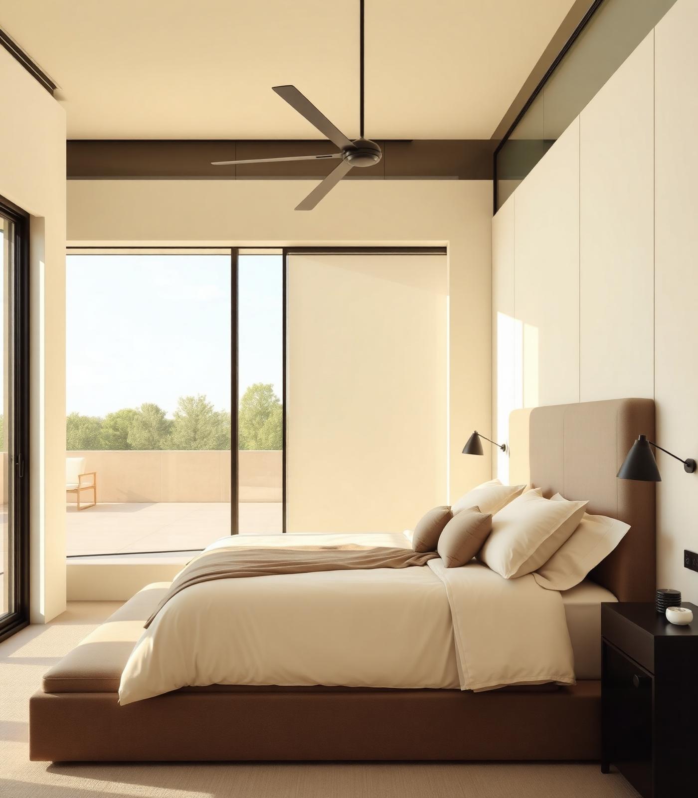 Warm minimal bedroom interior